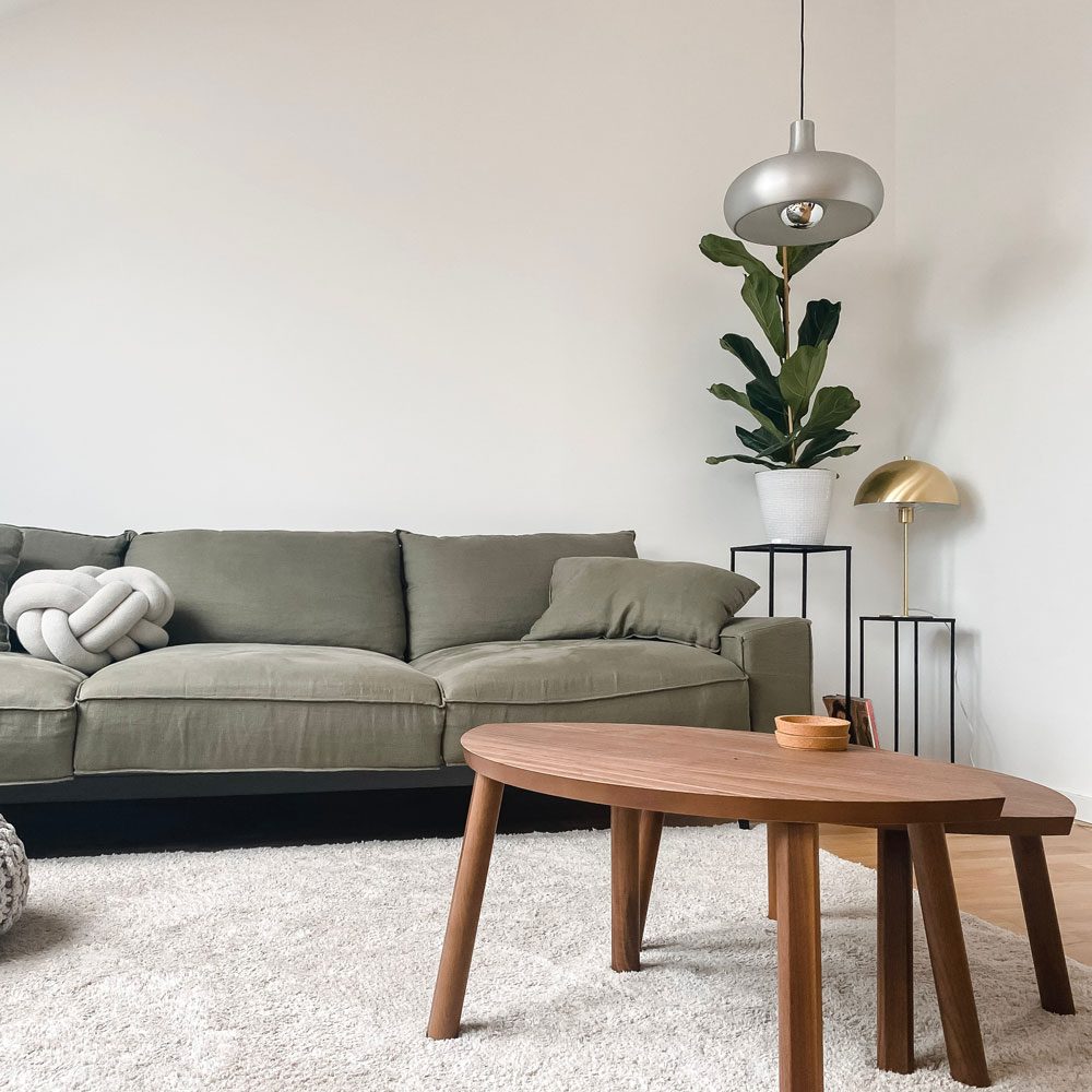 A living room with a couch, table and plant.