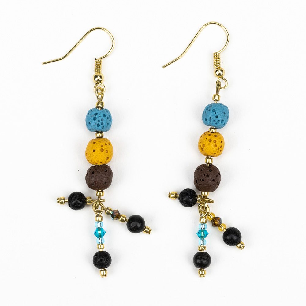 A pair of earrings with different colored beads.