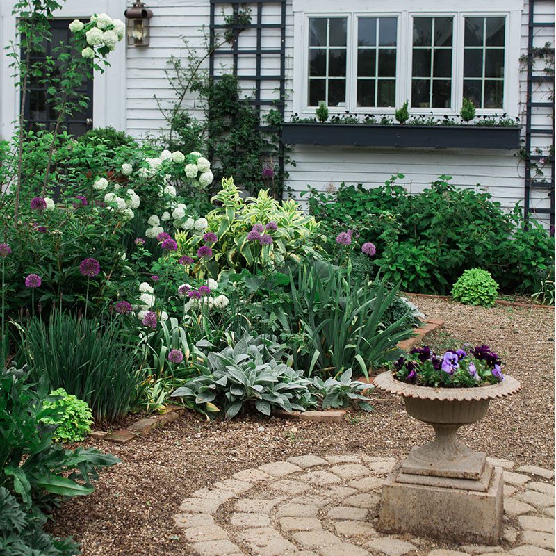 A garden with flowers and plants in the middle of it.