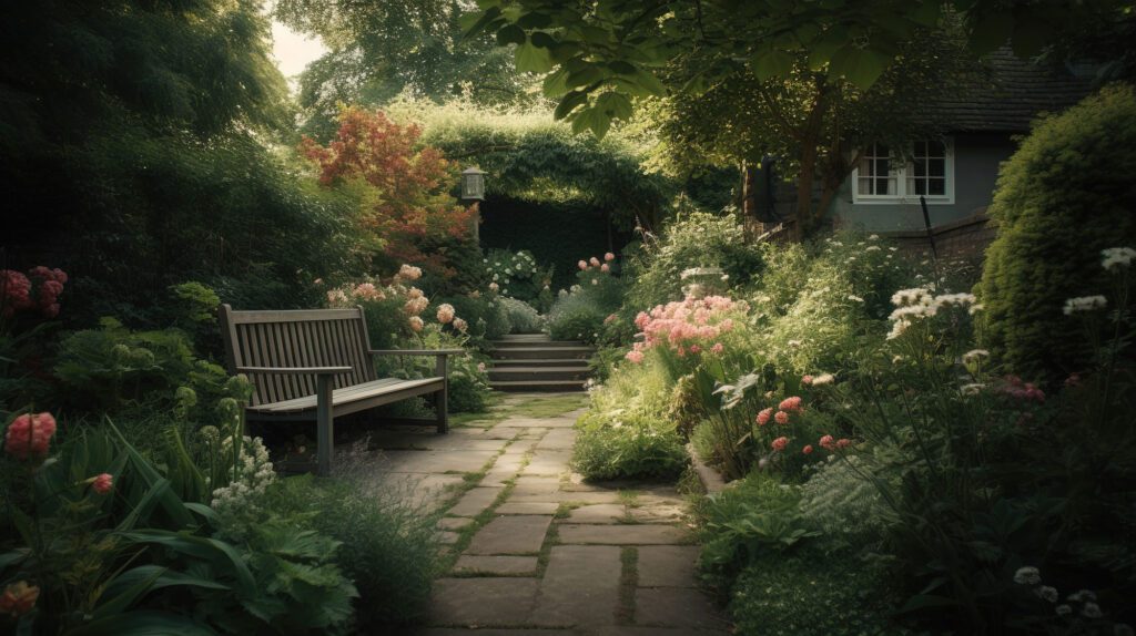 A garden with benches and steps leading to the path.